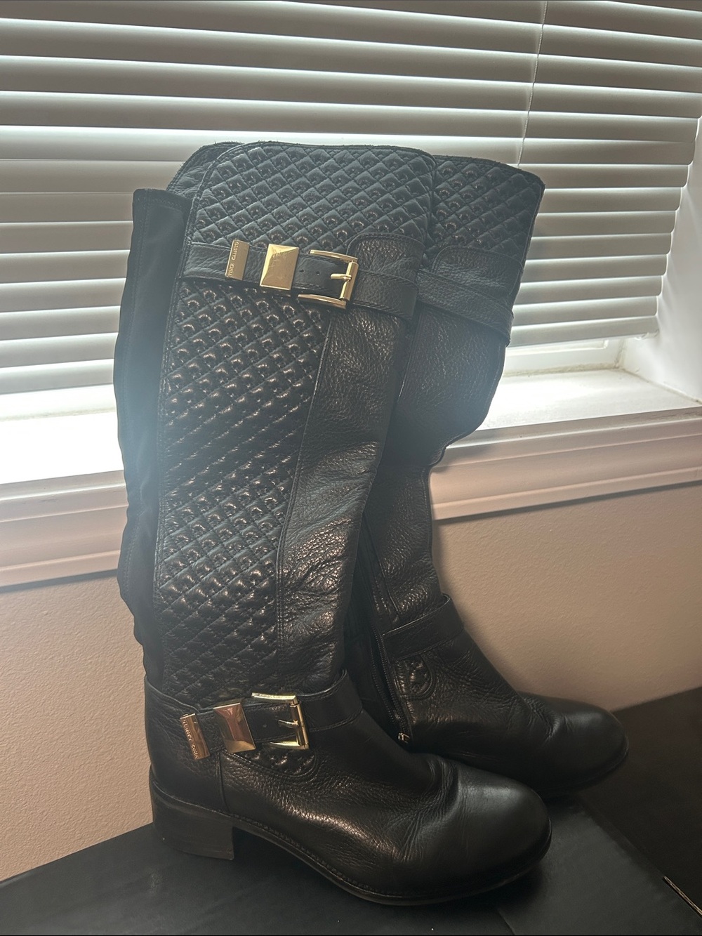 Vince Camuto Black Quilted Boot with Gold Buckle Accents